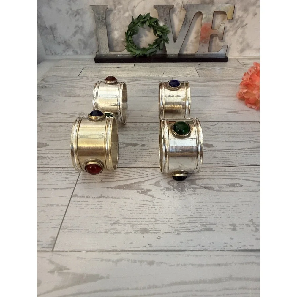International Silver Co. Silver Plated Napkin Ring Holder w Colored Glass Set 4